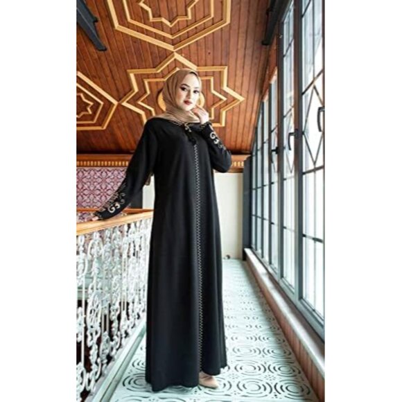 Women's Embroidered Abaya Polyester Long Sleeve Floor Length Zipper Dress - Picture 4 of 4